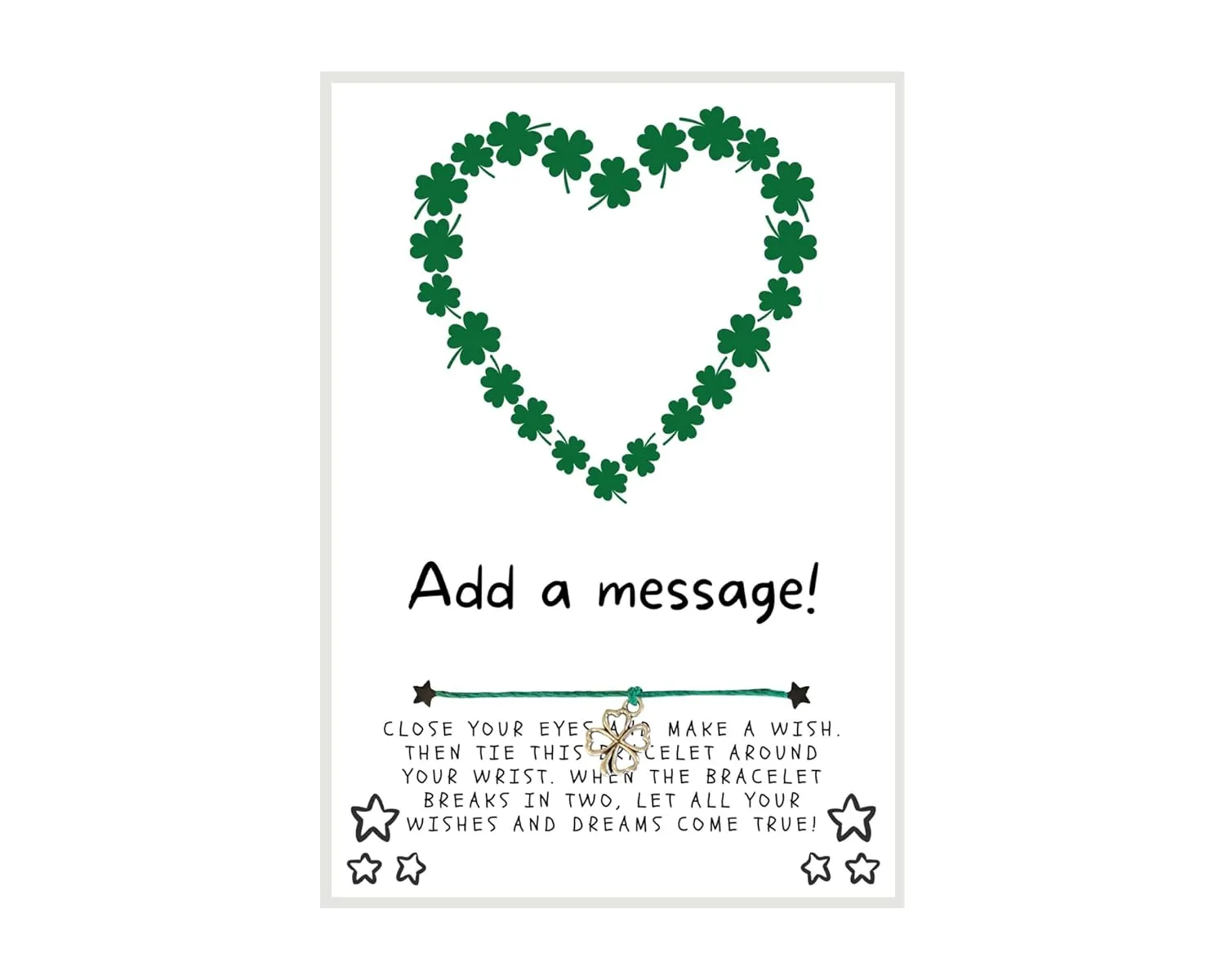 St. Patrick's Day Wish, Wish Bracelet, Holiday Party Favor, Thank You, St. Patrick's Day WIsh Bracelet, Co-Worker Gift, Friendship Wish Bracelet - Personalize Card (Shamrocks Shaped into a Heart)