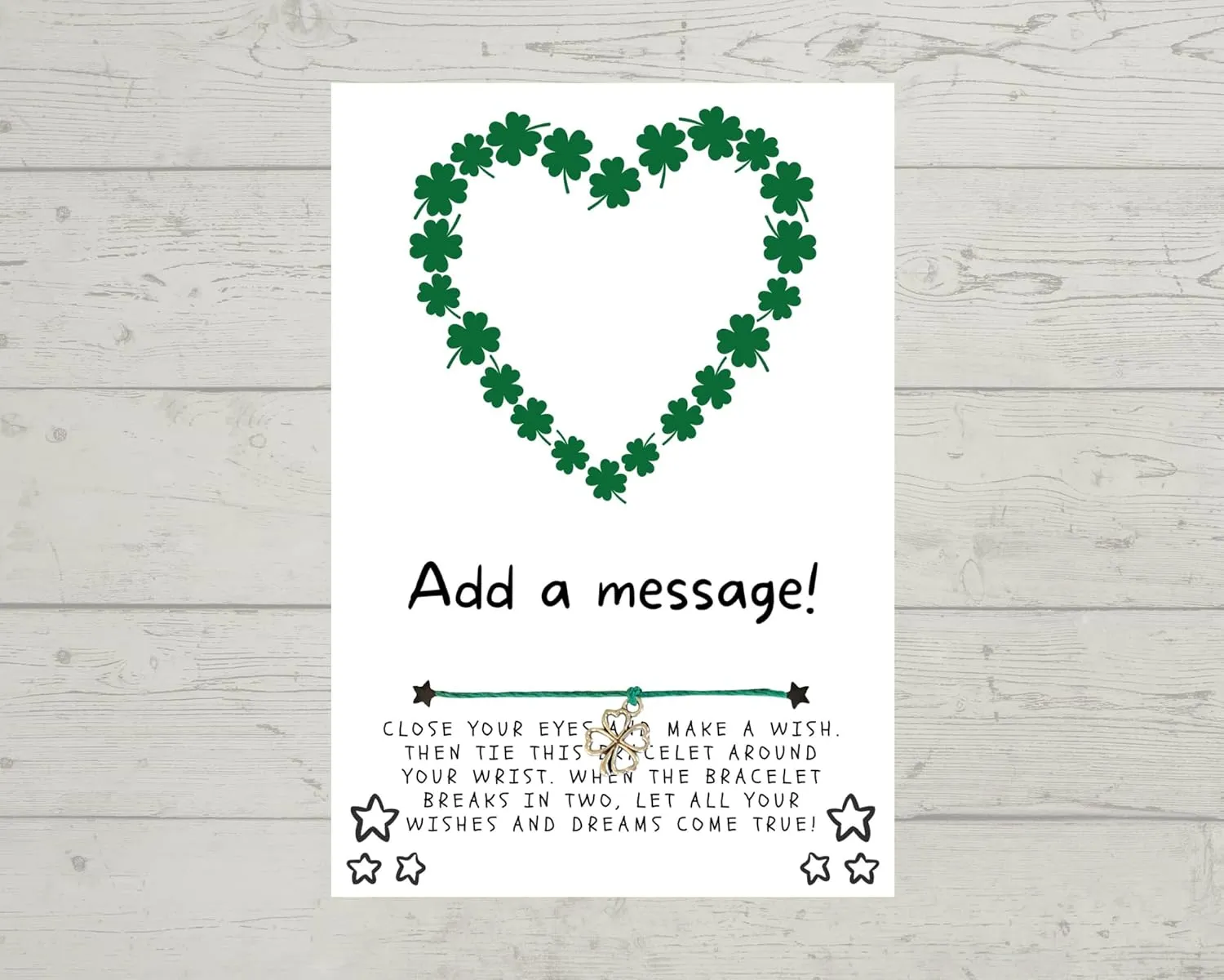 St. Patrick's Day Wish, Wish Bracelet, Holiday Party Favor, Thank You, St. Patrick's Day WIsh Bracelet, Co-Worker Gift, Friendship Wish Bracelet - Personalize Card (Shamrocks Shaped into a Heart)