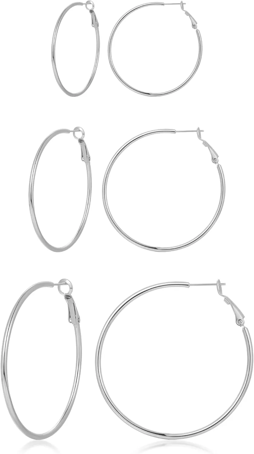 Stainless Steel Large Hoop Earrings,316L Lightwight Hoop Earrings Set for Women 3/4/5 Pairs 20-50mm