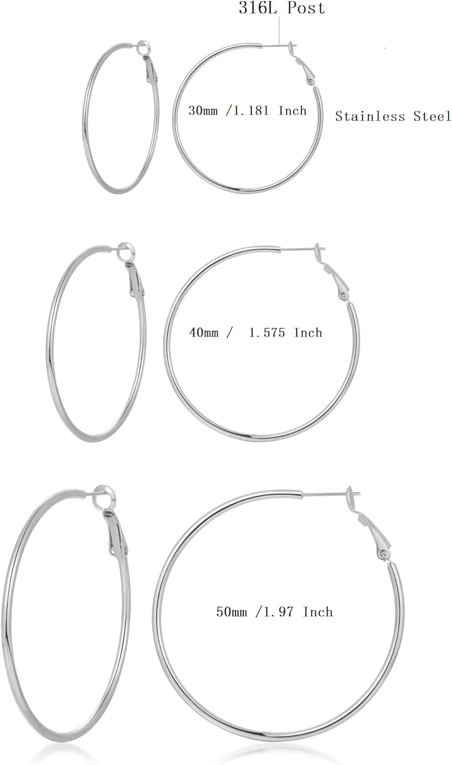 Stainless Steel Large Hoop Earrings,316L Lightwight Hoop Earrings Set for Women 3/4/5 Pairs 20-50mm