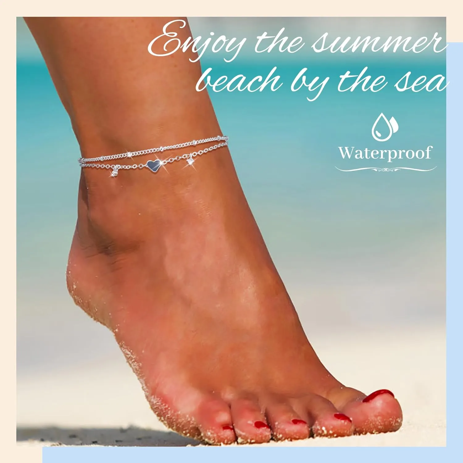 Sterling Silver Anklet Bracelets for Women Waterproof, 925 Sliver Plated CZ & Heart Charm Dainty Layer Anklets for Women Trendy, Simple Chain Anklets Set Gifts for Women, Jewelry Gifts for Her Women Mom Wife Girlfriend