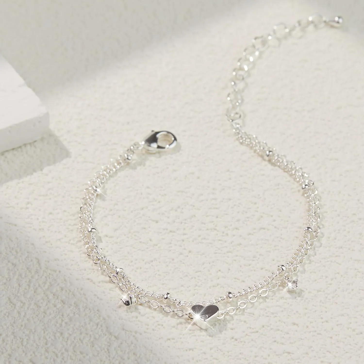 Sterling Silver Anklet Bracelets for Women Waterproof, 925 Sliver Plated CZ & Heart Charm Dainty Layer Anklets for Women Trendy, Simple Chain Anklets Set Gifts for Women, Jewelry Gifts for Her Women Mom Wife Girlfriend
