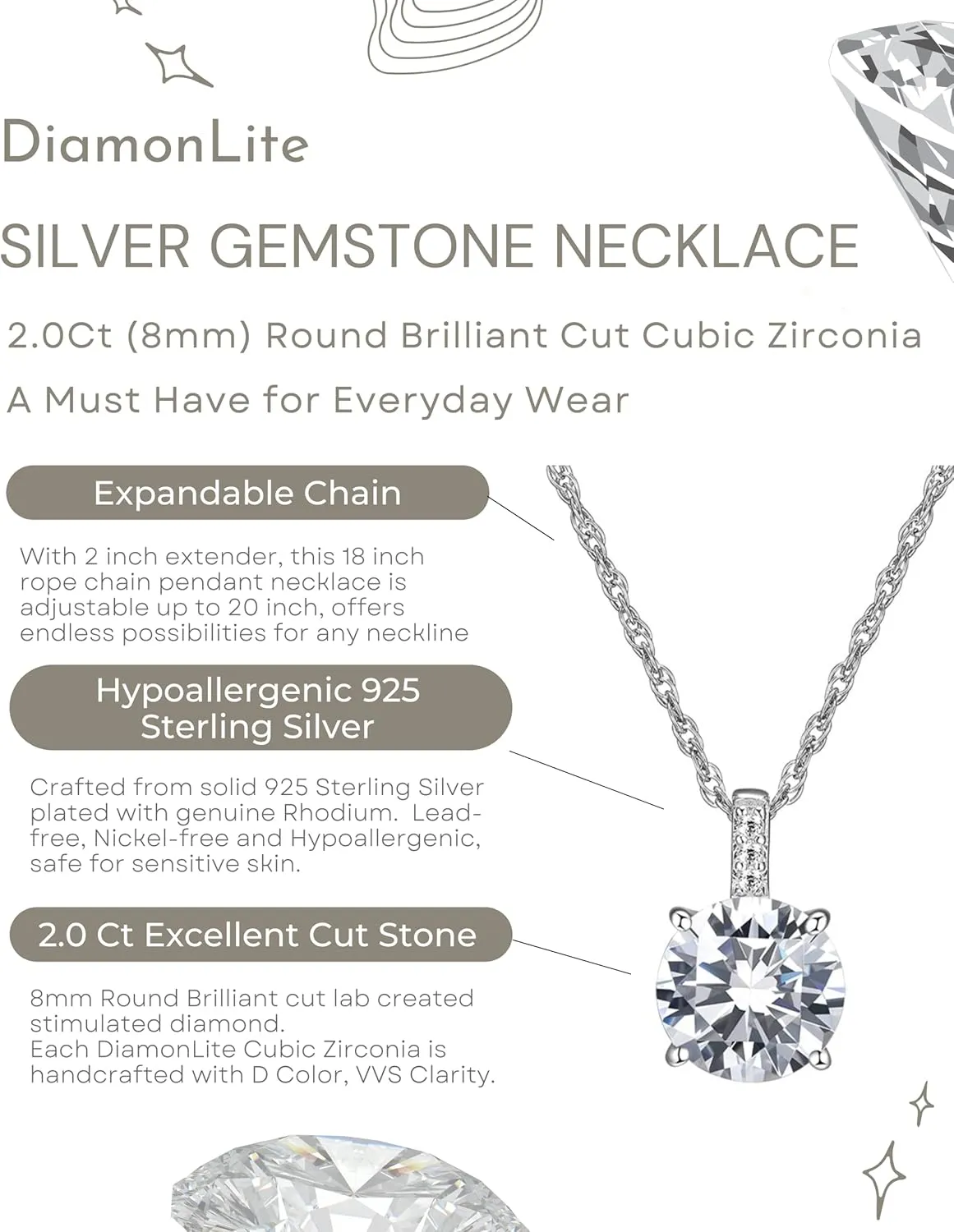 Sterling Silver Necklace - 18"   2" CZ Pendant, 1-2 Ct Cubic Zirconia Stones