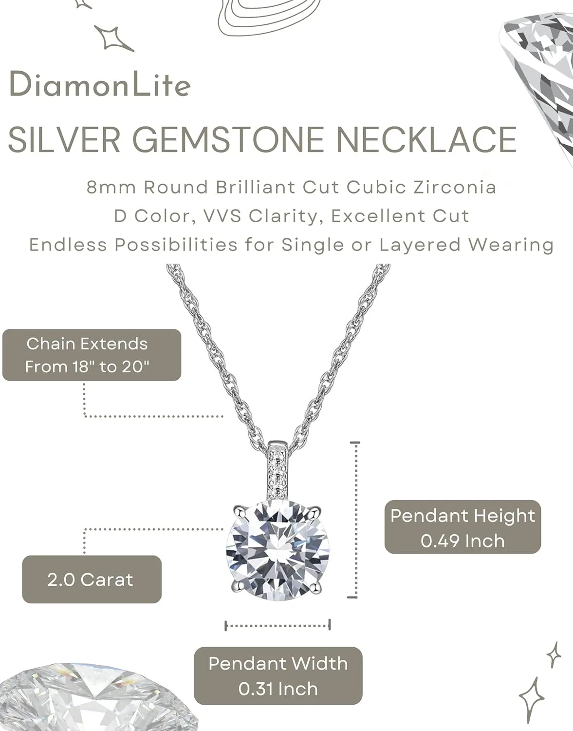 Sterling Silver Necklace - 18"   2" CZ Pendant, 1-2 Ct Cubic Zirconia Stones