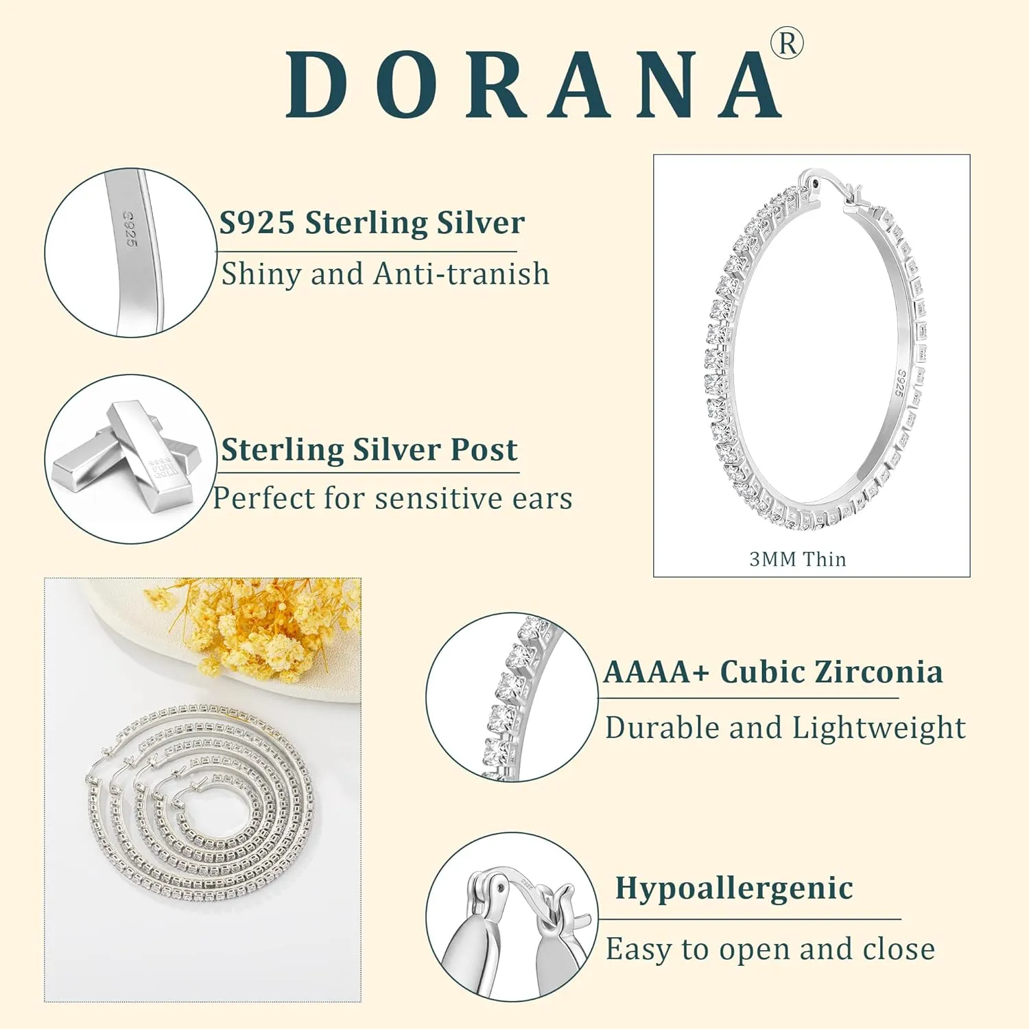 Sterling Silver Rhinestone Hoops Earrings for Women Earrings Hypoallergenic Cubic Zirconia Hoop Earring Lightweight Thin Round Hoops Jewelry Gifts 20/30/40/50/60mm