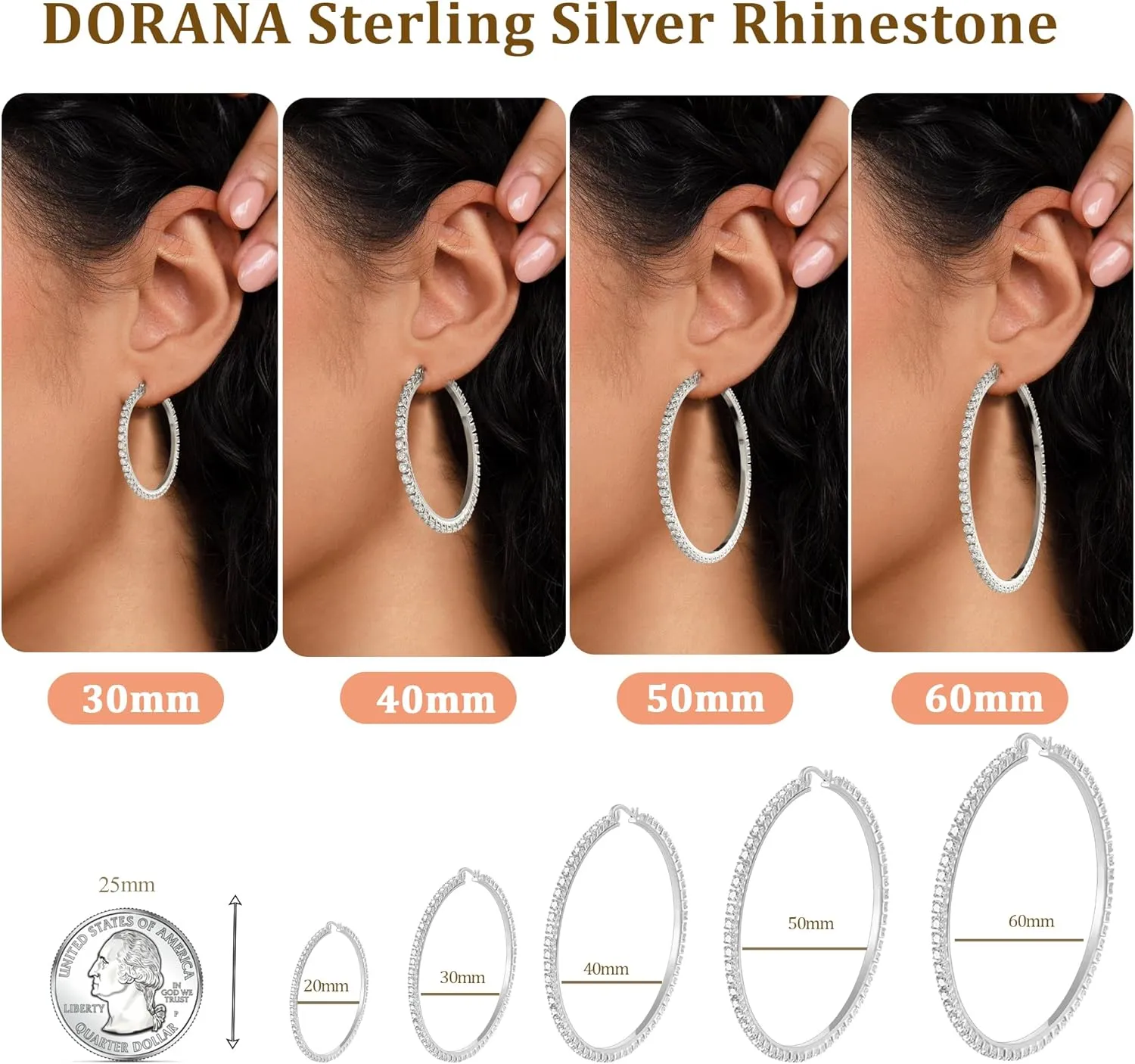 Sterling Silver Rhinestone Hoops Earrings for Women Earrings Hypoallergenic Cubic Zirconia Hoop Earring Lightweight Thin Round Hoops Jewelry Gifts 20/30/40/50/60mm