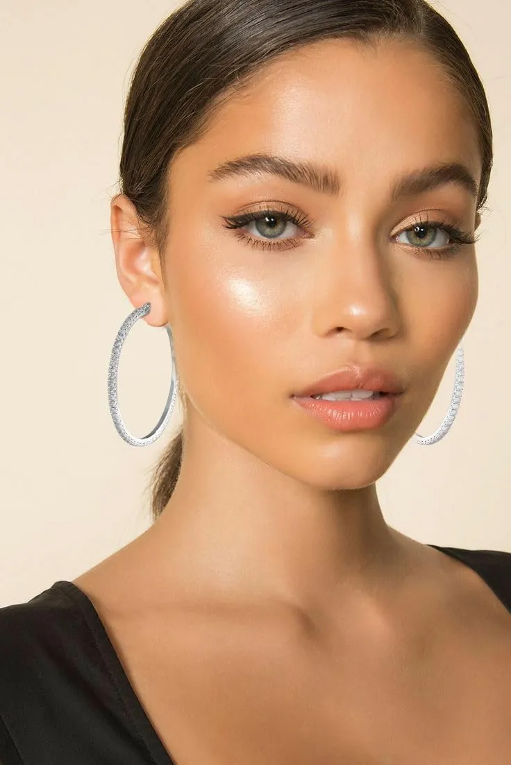 Sterling Silver Rhinestone Hoops Earrings for Women Earrings Hypoallergenic Cubic Zirconia Hoop Earring Lightweight Thin Round Hoops Jewelry Gifts 20/30/40/50/60mm