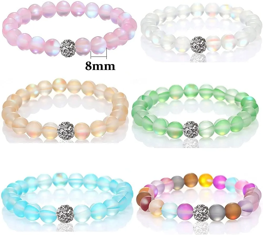 SUMMER LOVE Jewelry 8mm Mystic Mermaid Glass Charm Bracelet Glowing Moonstone Friendship Beaded Bracelets for Women