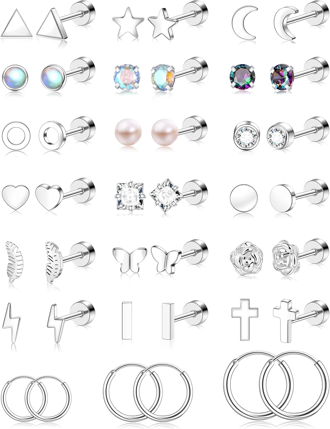 Surgical Stainless Steel Hypoallergenic Flat Back Stud Earrings for Women Men CZ Earrings Piercing Ear Cartilage Silver Tone