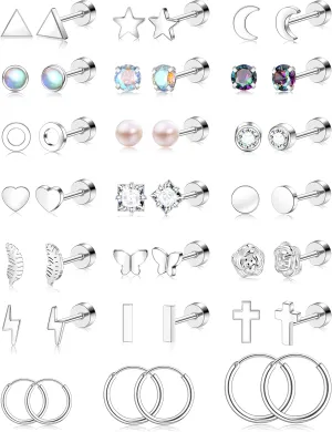 Surgical Stainless Steel Hypoallergenic Flat Back Stud Earrings for Women Men CZ Earrings Piercing Ear Cartilage Silver Tone