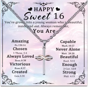 Sweet 16 Gifts for Girls Unique Cross Necklace as 16th Birthday Party Decorations for Sweet Sixteen Girls Sister Daughter Happy Birthday 16 Decorations Cute Stuff for Her Sixteen