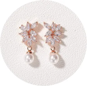 SWEETV Cubic Zirconia Pearl Wedding Bridal Earrings for Brides Bridesmaids, Pearl Drop Earrings for Women Prom Jewelry Gifts
