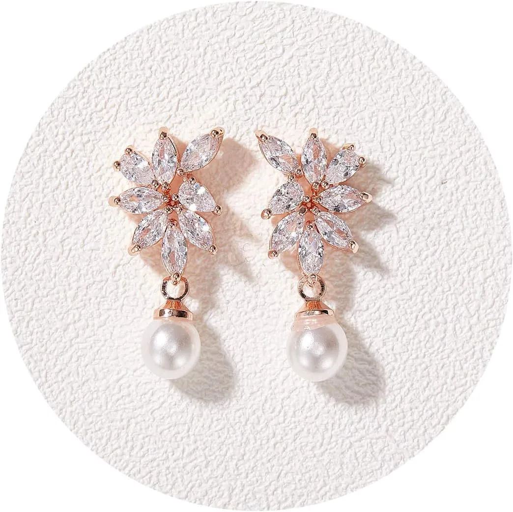SWEETV Cubic Zirconia Pearl Wedding Bridal Earrings for Brides Bridesmaids, Pearl Drop Earrings for Women Prom Jewelry Gifts