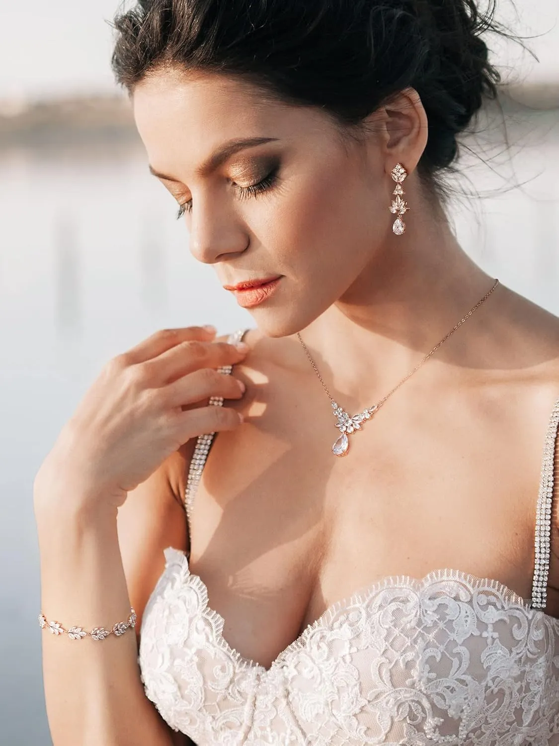 SWEETV Teardrop Wedding Bridal Jewelry Set for Brides Women Bridesmaid, Crystal Rhinestone Backdrop Necklace Earring Sets for Prom