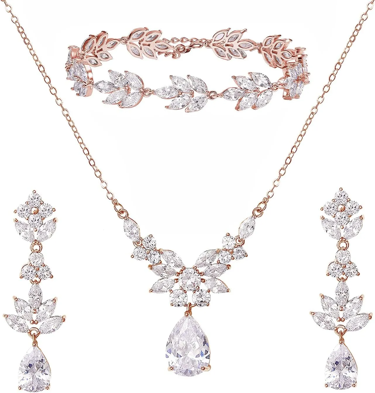SWEETV Teardrop Wedding Bridal Jewelry Set for Brides Women Bridesmaid, Crystal Rhinestone Backdrop Necklace Earring Sets for Prom