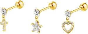 Tiny Dangle Heart Cross Flower 20g Ear Cartilage Helix Surgical Stainless Steel Cubic Zirconia Studs Earrings Screw Backs Ear Tragus Auricle Nose Lip Piercing Jewelry Set Gifts Bff Birthday