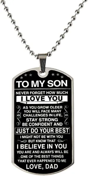 To My Son Necklace from Dad Sons Inspirational Dog Tag Necklace Gifts for Men Boys Birthday Graduation Gifts for Teen Boys Sons I Love You Gift from Dad Father and Son Resin Military Necklaces
