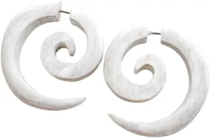 Tribal Organic Wooden Earrings - Fake Gauge Hippie Natural Black Brown Wood Faux Plugs Tapers - Emo Goth Punk Spiral Gothic 316L Surgical Steel Hypoallergenic
