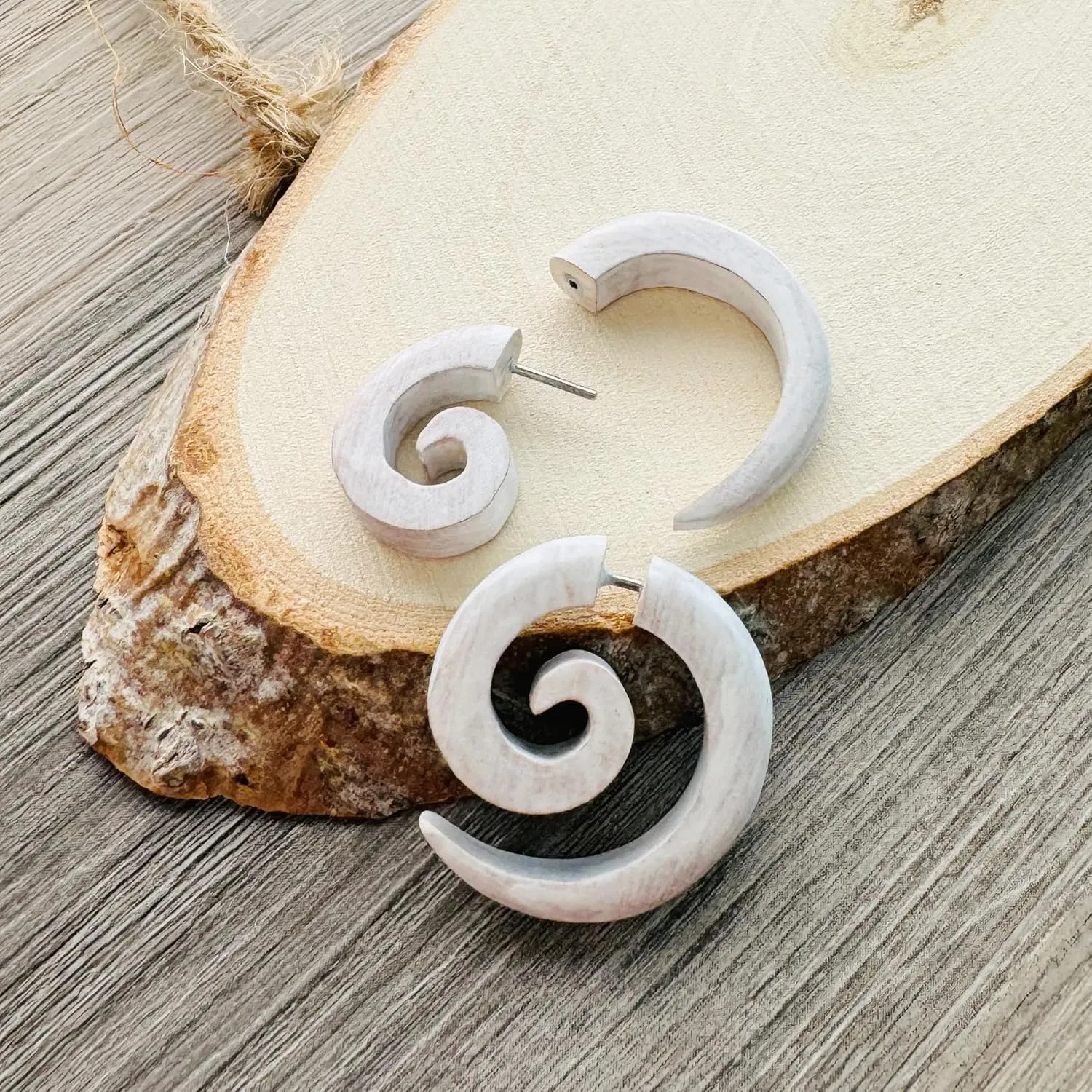 Tribal Organic Wooden Earrings - Fake Gauge Hippie Natural Black Brown Wood Faux Plugs Tapers - Emo Goth Punk Spiral Gothic 316L Surgical Steel Hypoallergenic