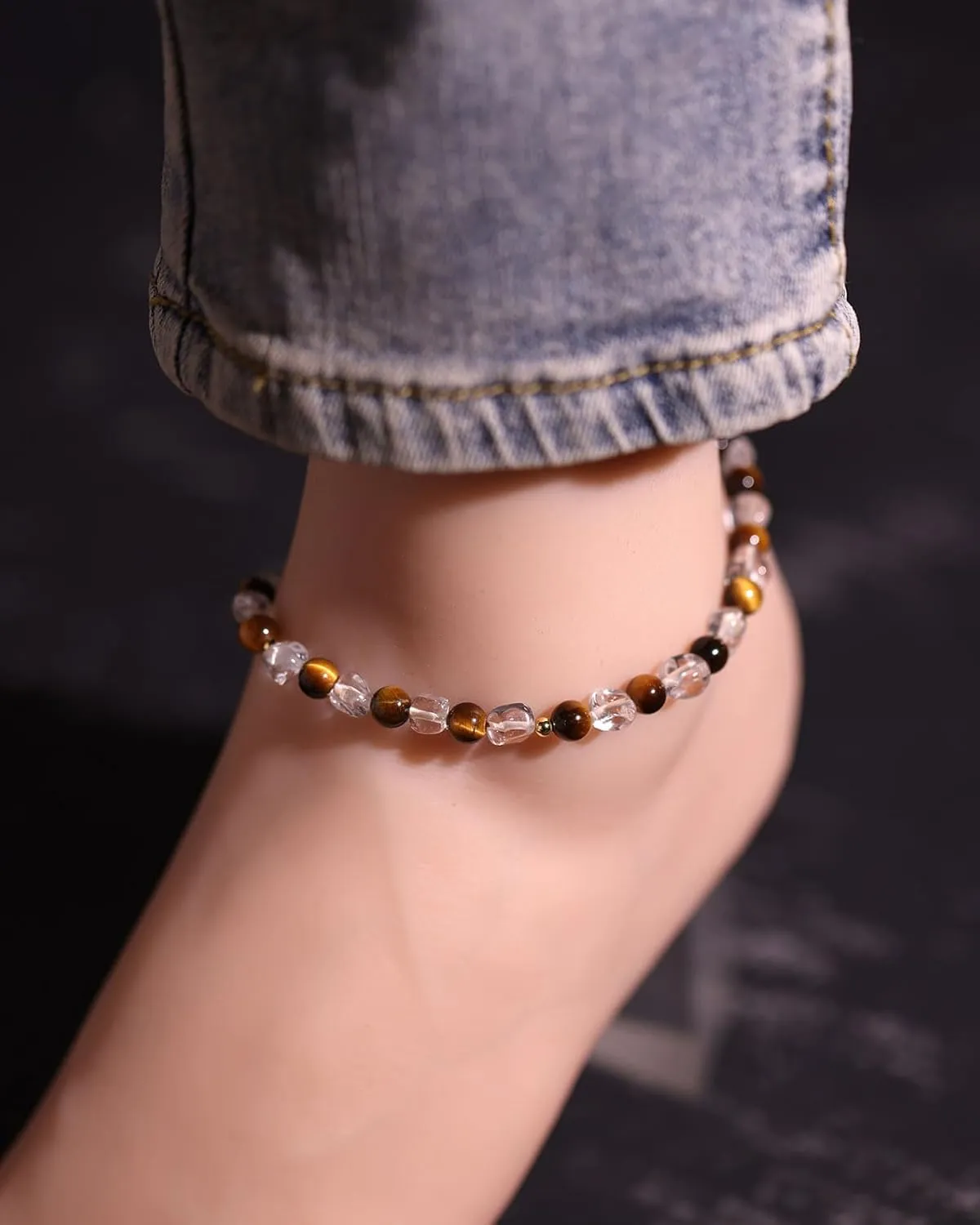 Tumbled Clear Quartz Beaded Anklet Adjustable Handmade Crystals and Stones Ankle Bracelets for Women Beach Foot Jewelry Gifts