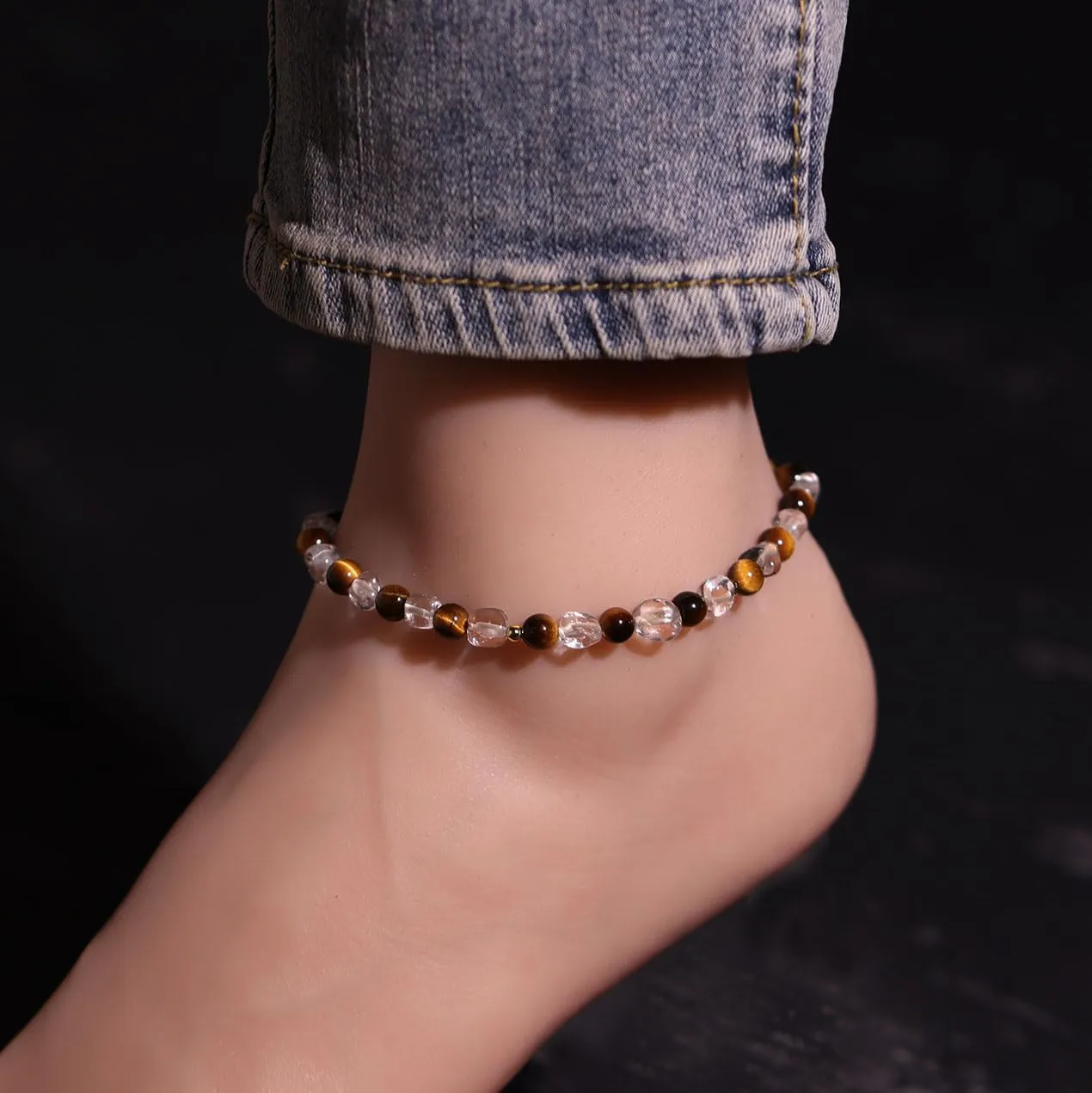 Tumbled Clear Quartz Beaded Anklet Adjustable Handmade Crystals and Stones Ankle Bracelets for Women Beach Foot Jewelry Gifts