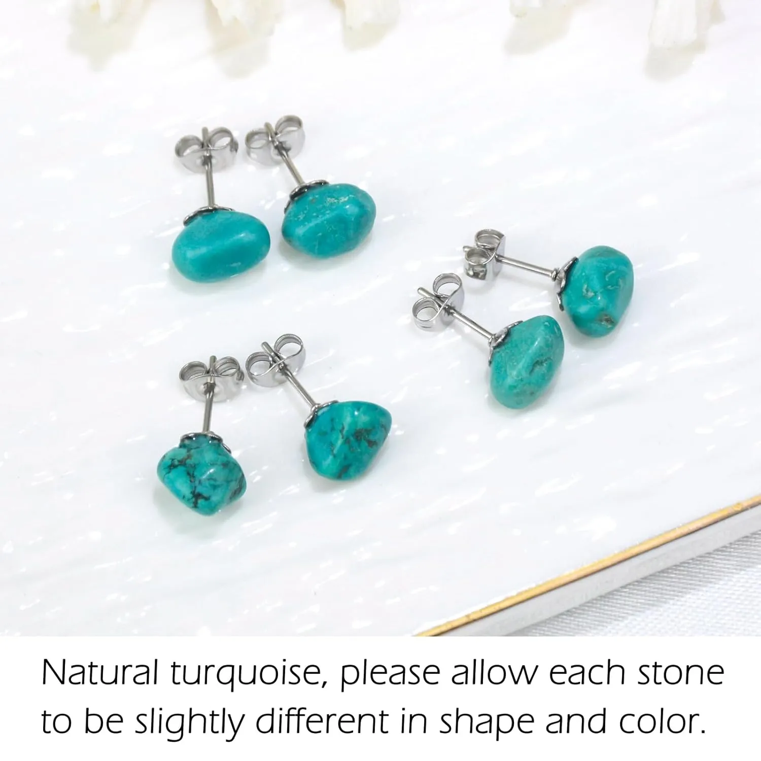 Turquoise Earrings for Women, Stainless Steel Raw Turquoise Jewelry as Handmade Stud Earrings, Genuine Turquoise Post Earrings for Sensitive Ears as Birthday Jewelry. (turquoise)