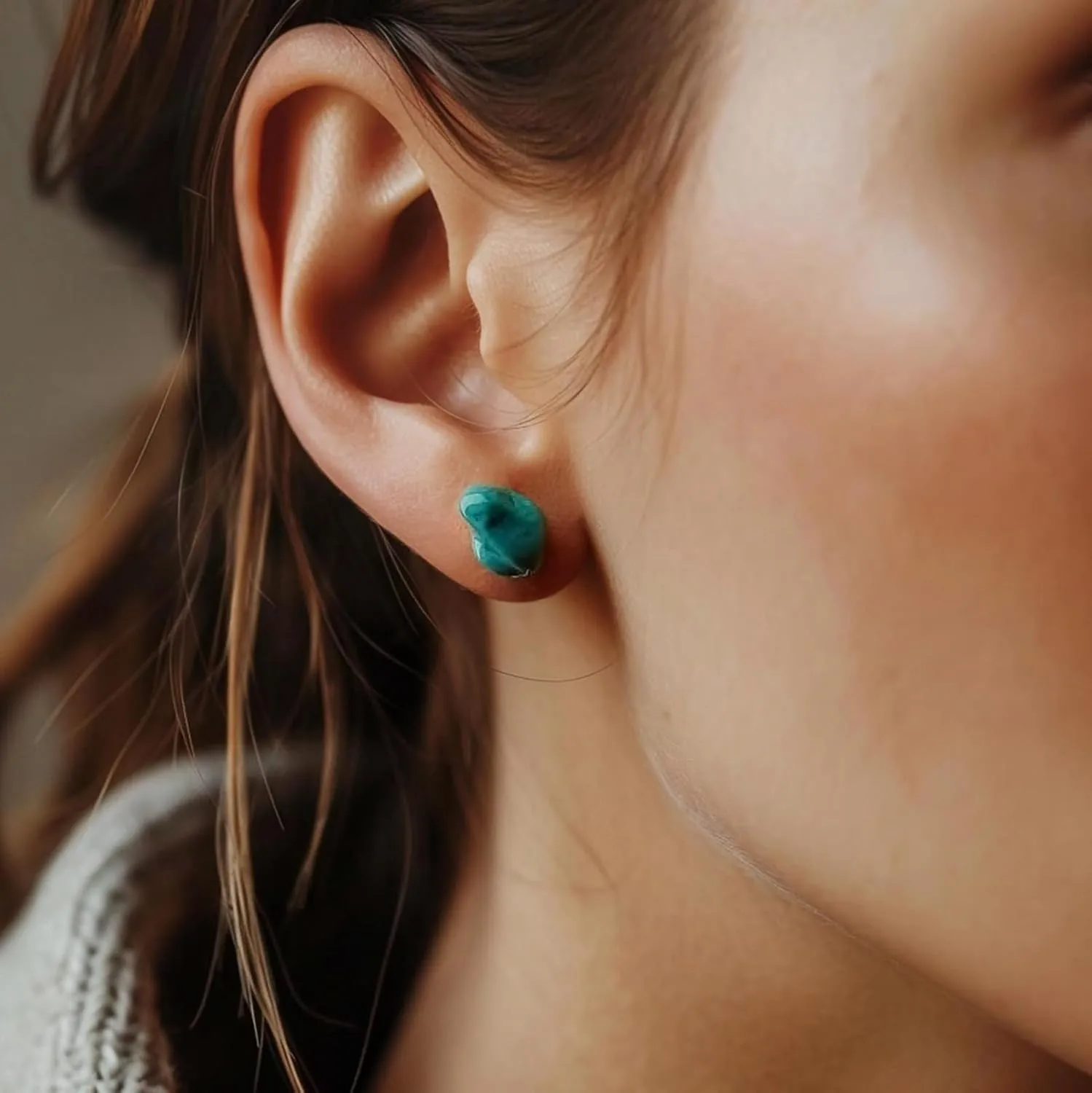 Turquoise Earrings for Women, Stainless Steel Raw Turquoise Jewelry as Handmade Stud Earrings, Genuine Turquoise Post Earrings for Sensitive Ears as Birthday Jewelry. (turquoise)