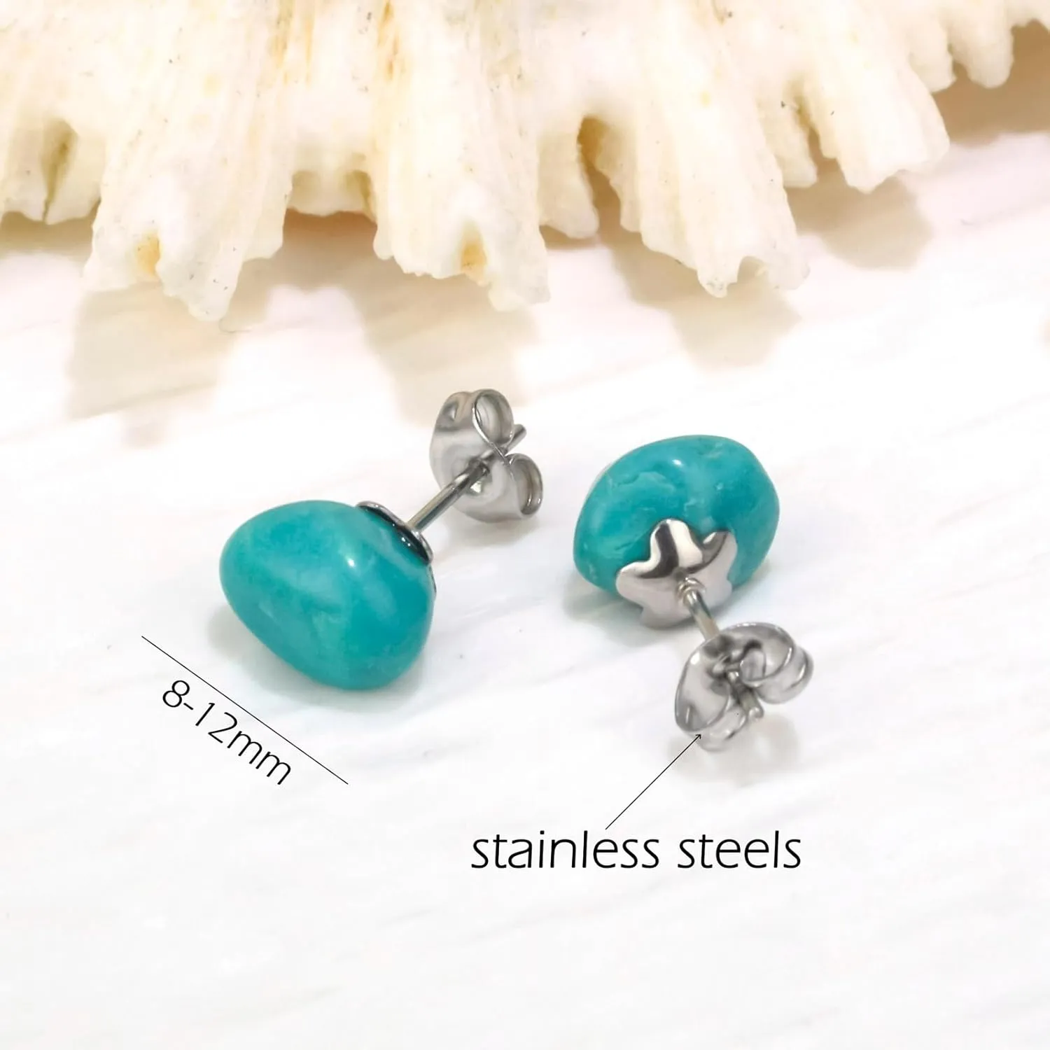 Turquoise Earrings for Women, Stainless Steel Raw Turquoise Jewelry as Handmade Stud Earrings, Genuine Turquoise Post Earrings for Sensitive Ears as Birthday Jewelry. (turquoise)