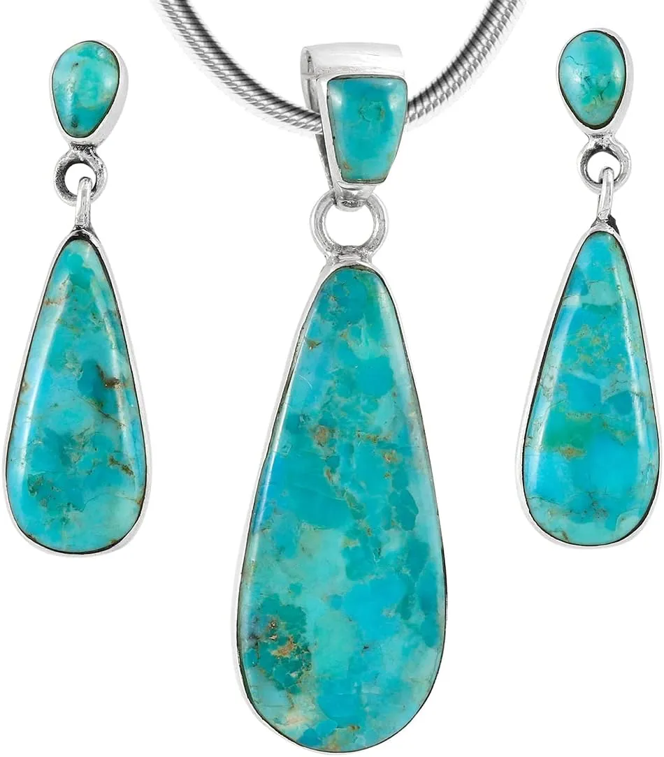 Turquoise Network Sterling Silver Genuine Gemstones Necklace & Earrings Matching Set (Choose Style)