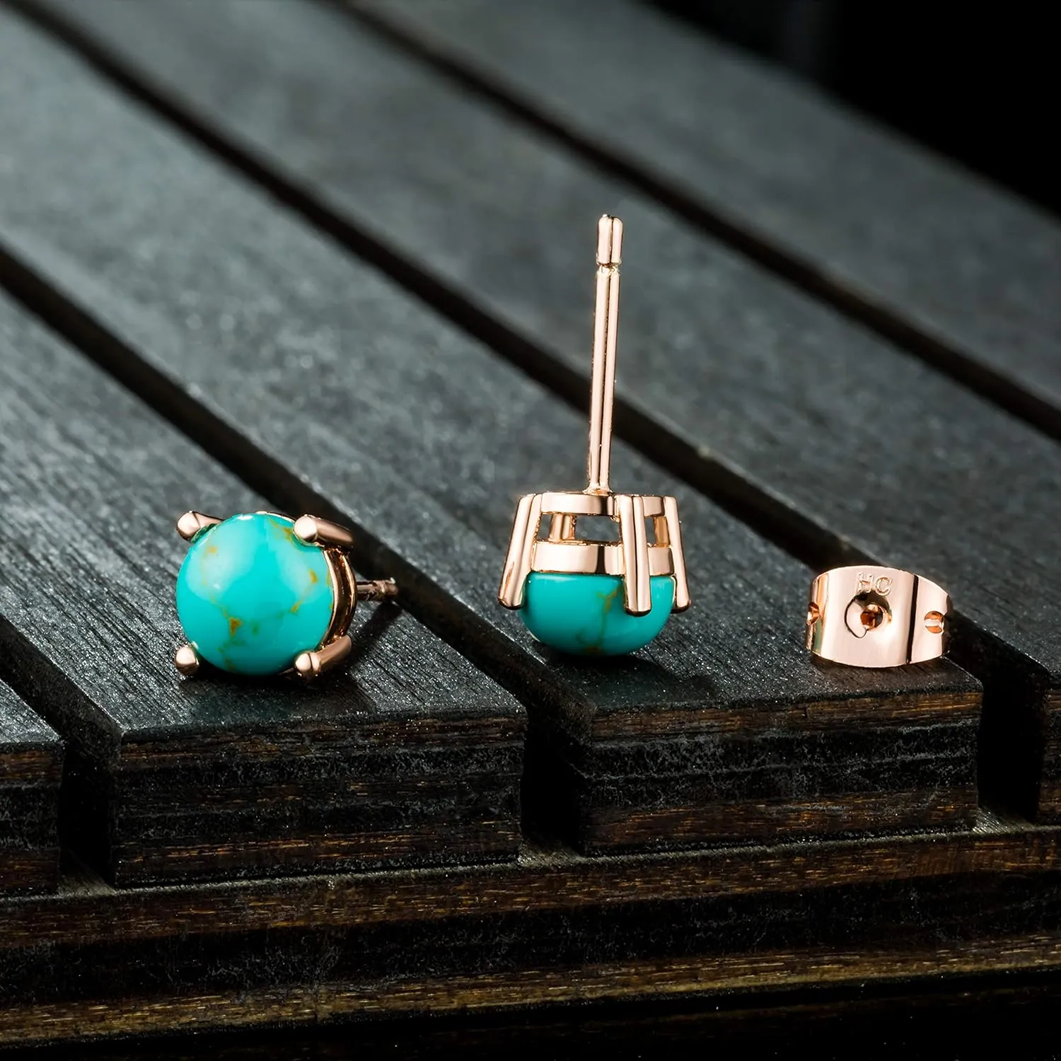 Turquoise Stud Earrings for Women Men, 18K Rose Gold Plated 7mm Round Birthstone Earrings for Women