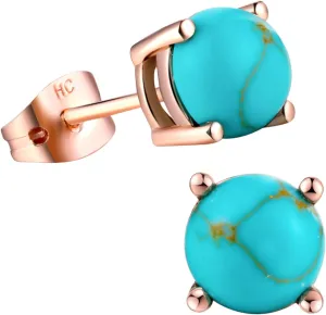 Turquoise Stud Earrings for Women Men, 18K Rose Gold Plated 7mm Round Birthstone Earrings for Women