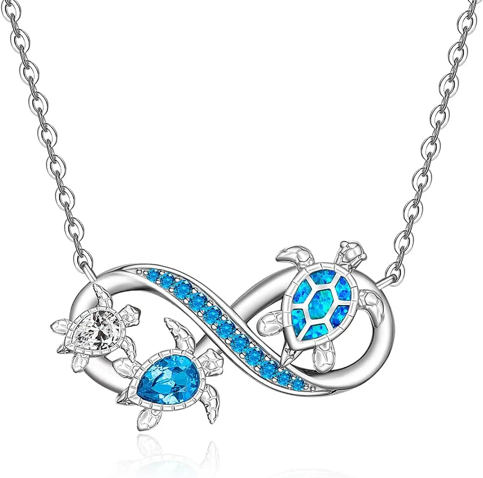 Turtle Necklace for Women Mom Sterling Silver Sea Turtle Pendant Infinity Mother and Daughter Necklaces Blue Opal Tortoise Ocean Wave Jewelry Mothers Day Gifts