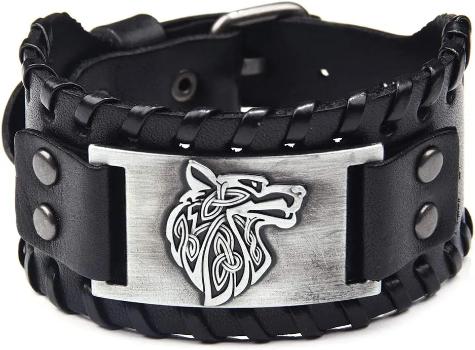 TURTLEDOVE 2 Piece Viking Bracelets - Viking Wolf Fenrir - Norse Vegvisir Scandinavian Amulet
