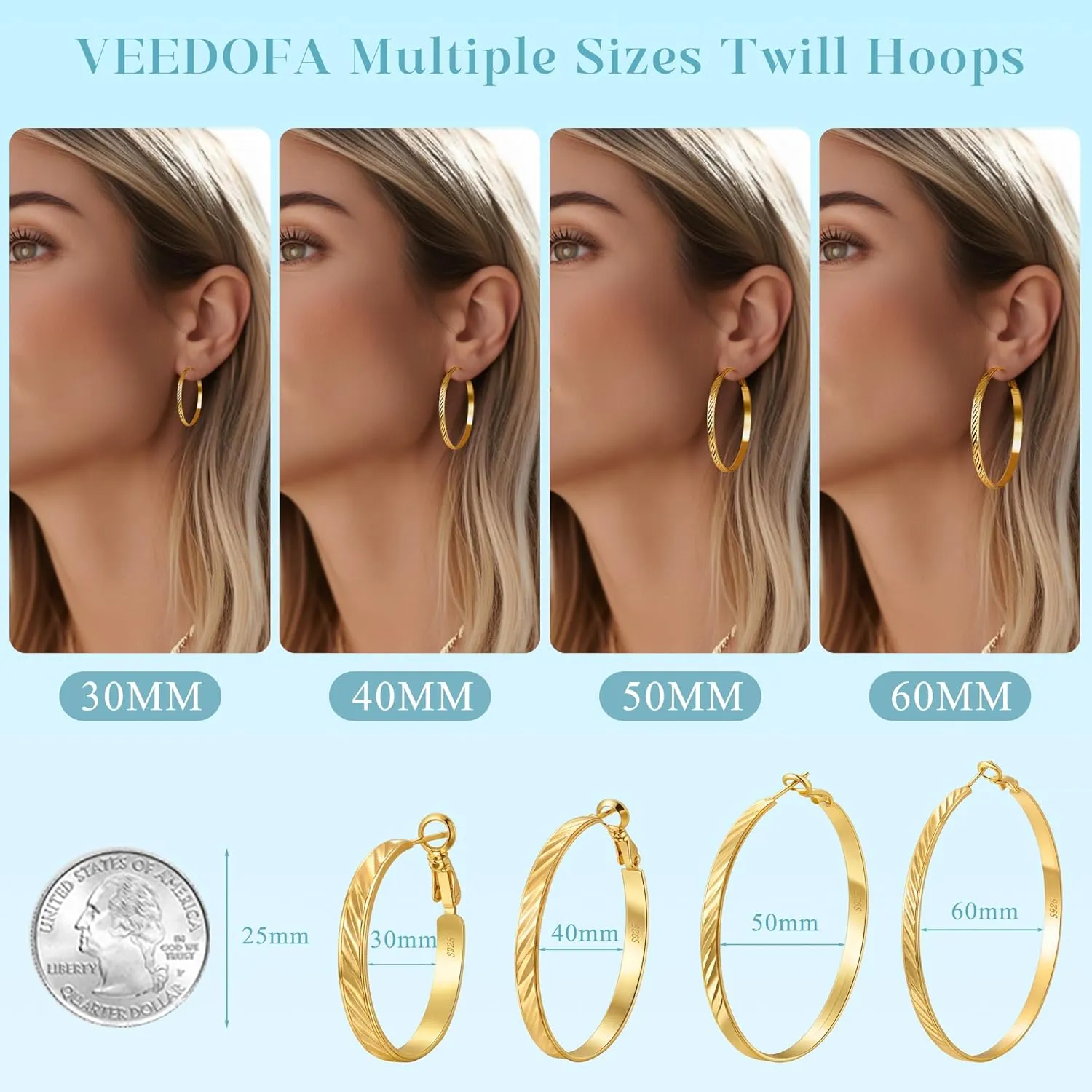 Twill Gold Silver Hoop Earrings for Women, Hypoallergenic 14K Gold Plated Hoops, Lightweight 925 Sterling Silver Post Big Earrings for Women Jewelry Gifts 30/40/50/60MM