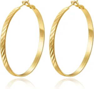 Twill Gold Silver Hoop Earrings for Women, Hypoallergenic 14K Gold Plated Hoops, Lightweight 925 Sterling Silver Post Big Earrings for Women Jewelry Gifts 30/40/50/60MM