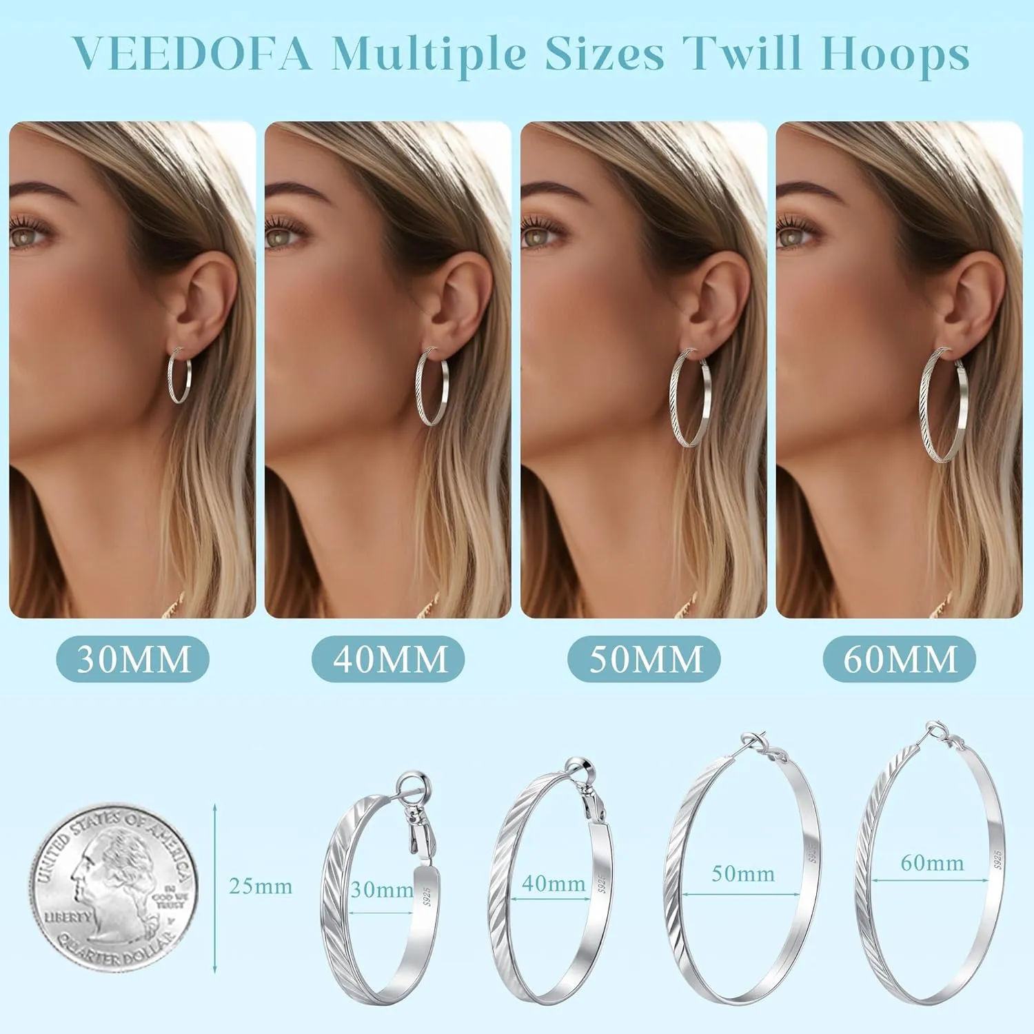 Twill Gold Silver Hoop Earrings for Women, Hypoallergenic 14K Gold Plated Hoops, Lightweight 925 Sterling Silver Post Big Earrings for Women Jewelry Gifts 30/40/50/60MM