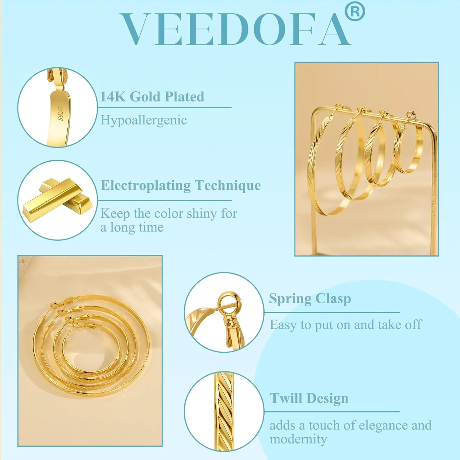 Twill Gold Silver Hoop Earrings for Women, Hypoallergenic 14K Gold Plated Hoops, Lightweight 925 Sterling Silver Post Big Earrings for Women Jewelry Gifts 30/40/50/60MM