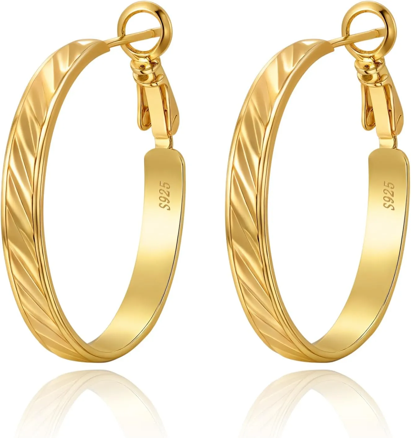 Twill Gold Silver Hoop Earrings for Women, Hypoallergenic 14K Gold Plated Hoops, Lightweight 925 Sterling Silver Post Big Earrings for Women Jewelry Gifts 30/40/50/60MM
