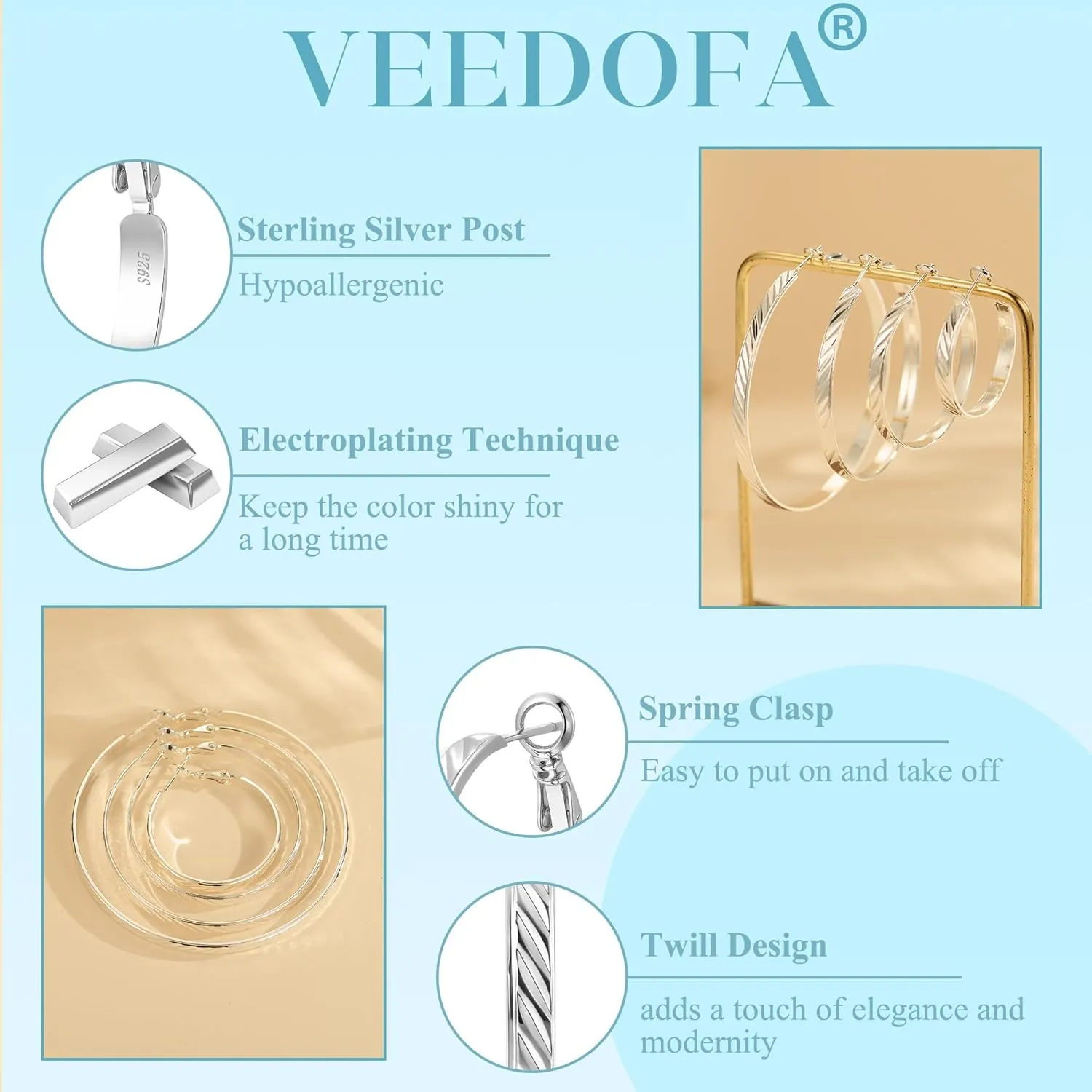 Twill Gold Silver Hoop Earrings for Women, Hypoallergenic 14K Gold Plated Hoops, Lightweight 925 Sterling Silver Post Big Earrings for Women Jewelry Gifts 30/40/50/60MM