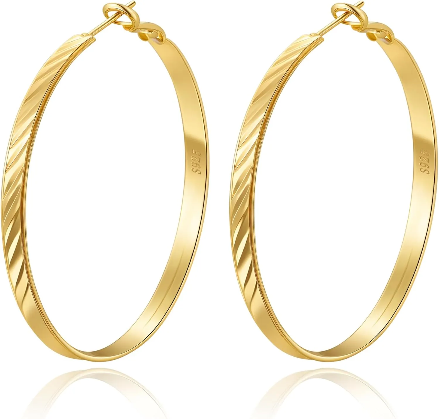 Twill Gold Silver Hoop Earrings for Women, Hypoallergenic 14K Gold Plated Hoops, Lightweight 925 Sterling Silver Post Big Earrings for Women Jewelry Gifts 30/40/50/60MM