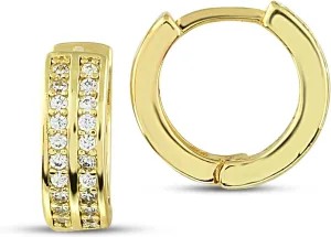 Two Row Inside Out Diamond Huggies 12mm - 14K Gold Plated Zirconia Crystal Earrings, Minimalist CZ Earrings for Women, Dainty Hoop Earrings