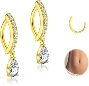 UBGICIG 14G Dangle Belly Button Rings for Women - 2 Pcs 316L Surgical Steel Belly Button Rings Dainty Teardrop Opal CZ Clicker Belly Rings Navel Belly Button Piercing Jewelry