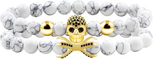 Uloveido 2pcs Gothic Punk Style Skull Layered Bracelet for Men Women - Handmade White Howlite Stone Beaded Stretch Skull Layer Bracelets for Women YA5149