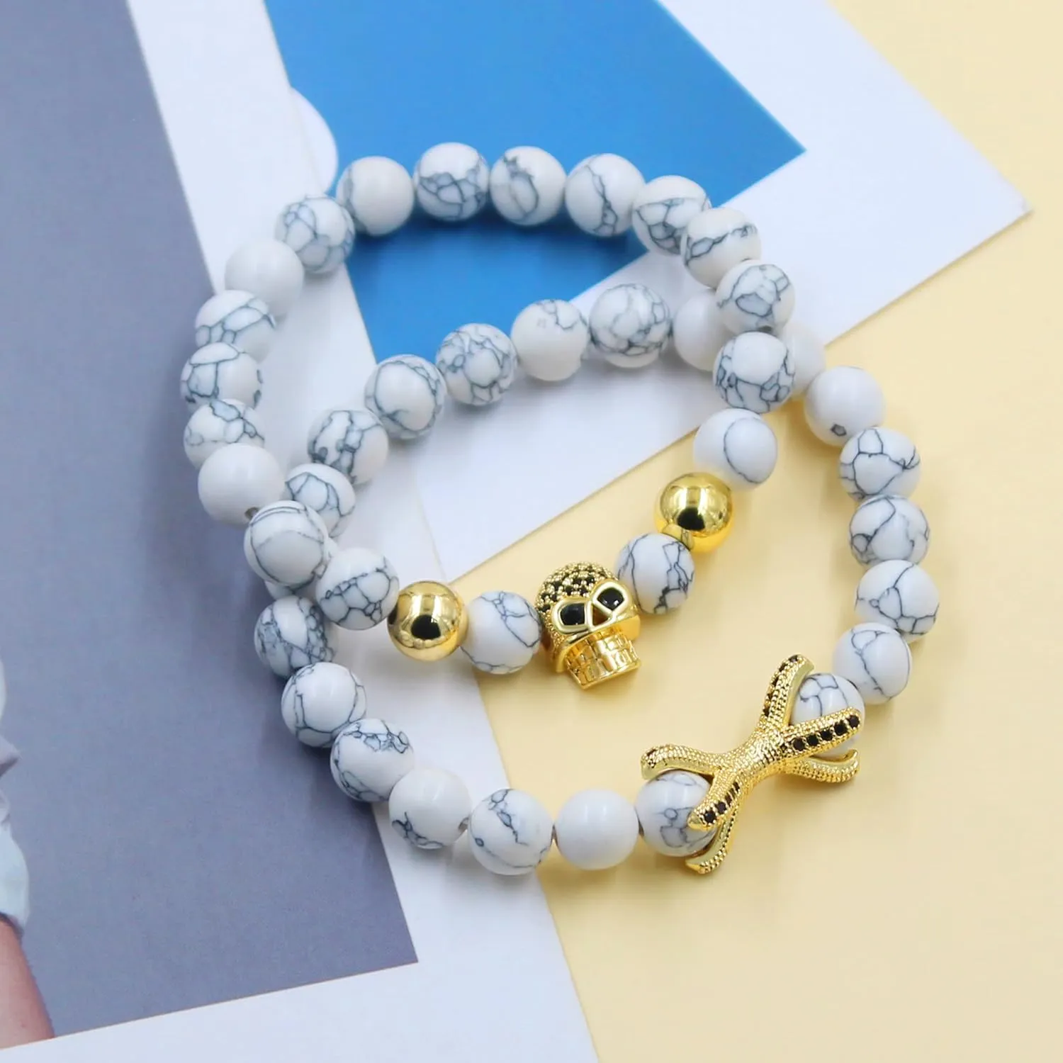 Uloveido 2pcs Gothic Punk Style Skull Layered Bracelet for Men Women - Handmade White Howlite Stone Beaded Stretch Skull Layer Bracelets for Women YA5149