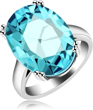 Uloveido Created Topaz Ring Big Oval Light Blue Stone Solitaire Cocktail Rings for Women Platinum Plated, Simple Design Birthday Wedding Light Blue Crystal Jewelry Ring Gift for Female Size 6-12 Y2165