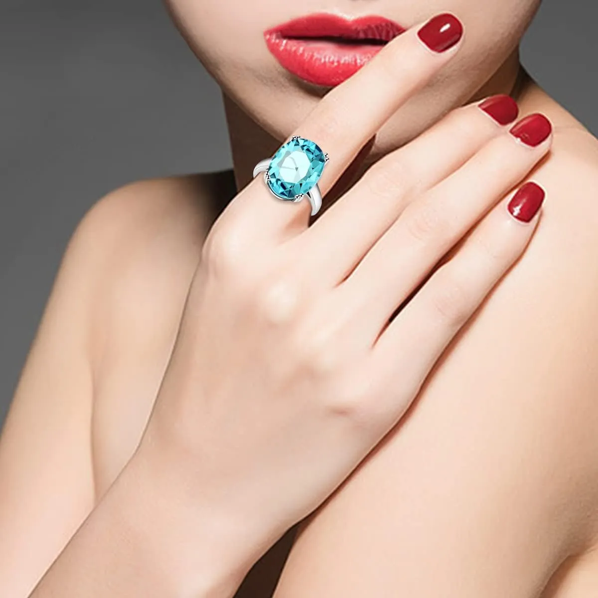 Uloveido Created Topaz Ring Big Oval Light Blue Stone Solitaire Cocktail Rings for Women Platinum Plated, Simple Design Birthday Wedding Light Blue Crystal Jewelry Ring Gift for Female Size 6-12 Y2165