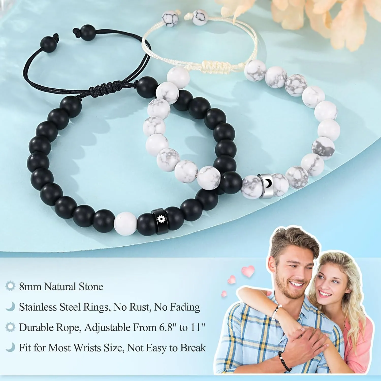 UNGENT THEM Matching Sun and Moon Couple Ring Bracelets for Boyfriend Husband Fiance Soulmate Girlfriend Wife Valentine's Day Anniversary Birthday Engagement Gift