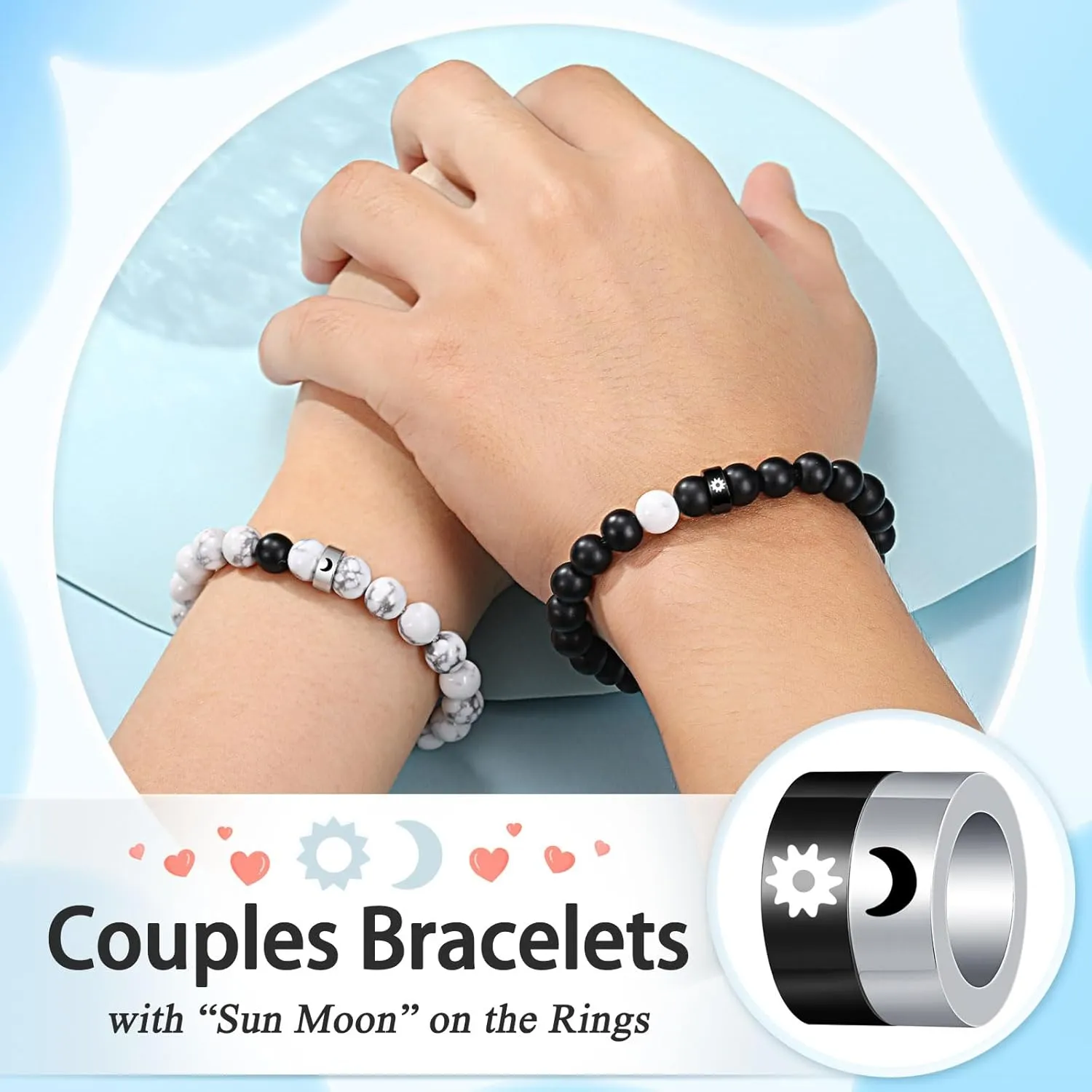 UNGENT THEM Matching Sun and Moon Couple Ring Bracelets for Boyfriend Husband Fiance Soulmate Girlfriend Wife Valentine's Day Anniversary Birthday Engagement Gift