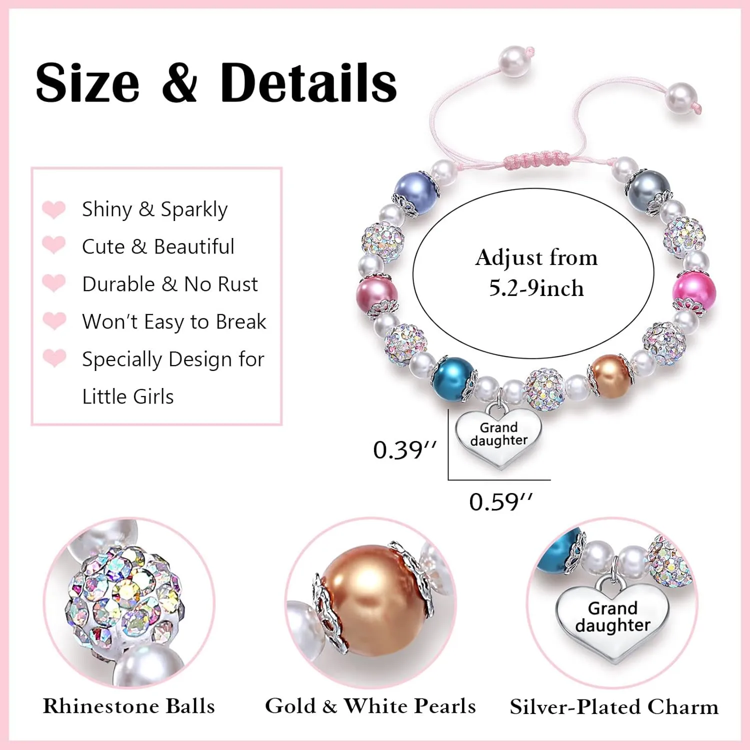 UNGENT THEM Pink Pearl and Rhinestone Bracelet for Granddaughter Daughter Niece Big Sister Birthday Christmas Easter Gifts