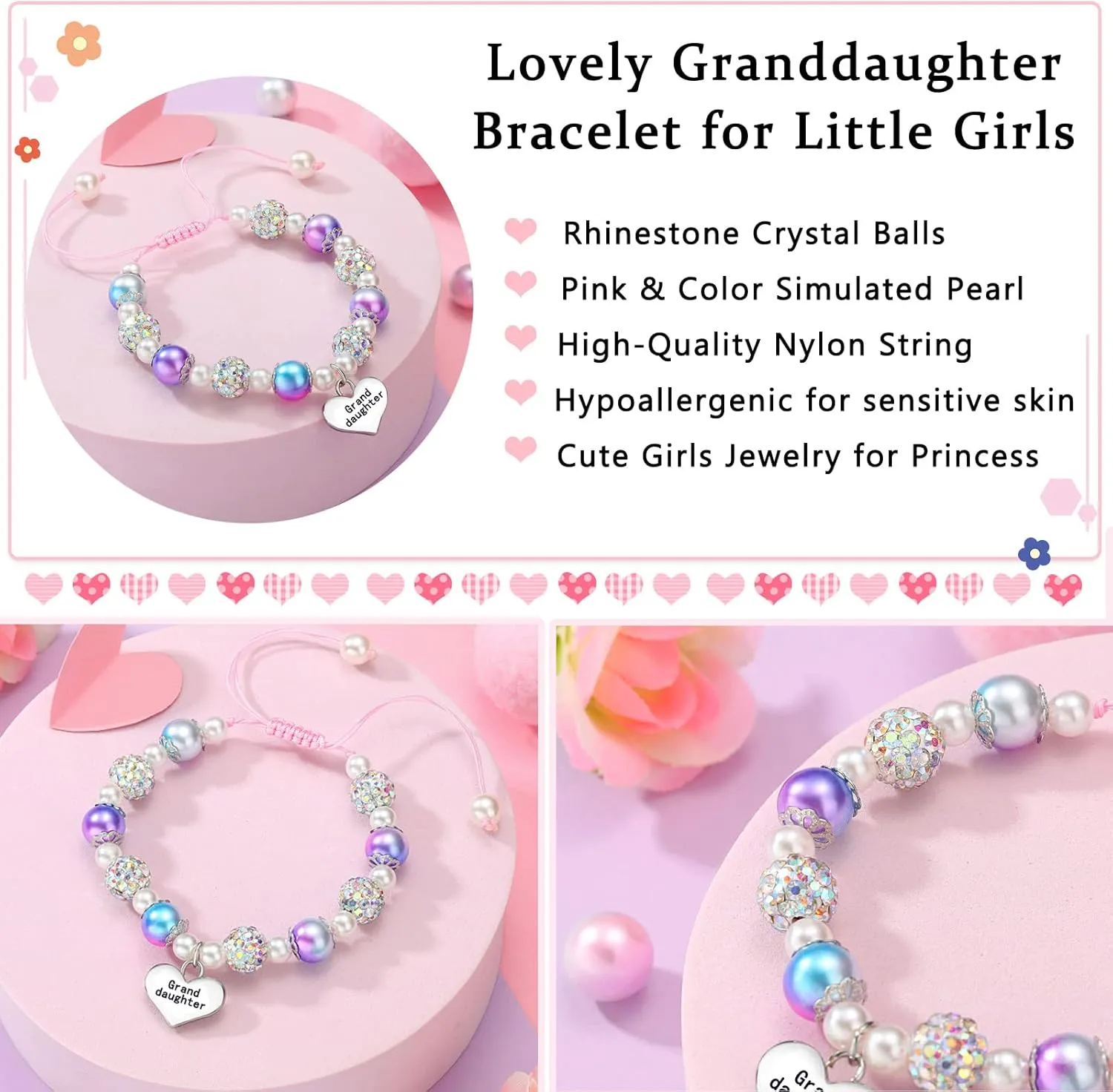 UNGENT THEM Pink Pearl and Rhinestone Bracelet for Granddaughter Daughter Niece Big Sister Birthday Christmas Easter Gifts